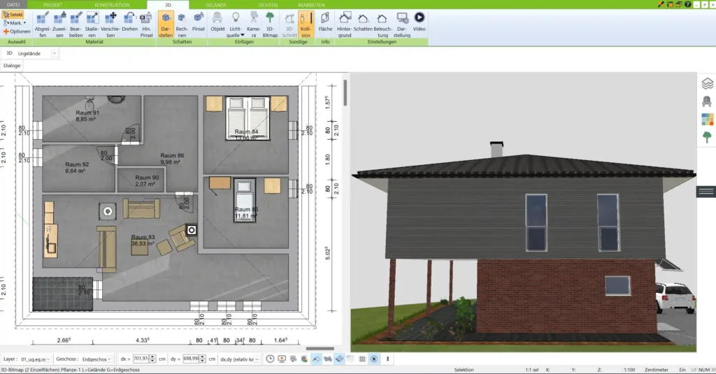 Ein Beispiel für einen Grundriss eines Steinhauses, der mit dem 3D Architekten erstellt wurde. Die klare Raumaufteilung bietet eine ideale Grundlage für Ihre individuelle Gestaltung