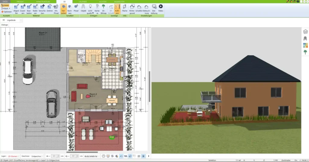 Ein Beispiel für einen energieeffizienten Grundriss im 3D Architekt, der auf optimale Ausrichtung und Raumaufteilung ausgerichtet ist