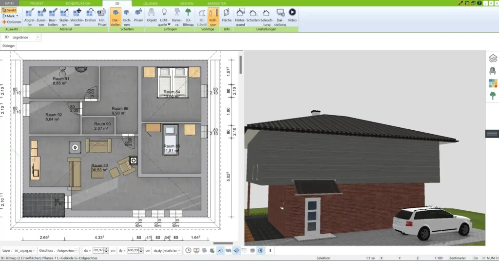 Ein Beispiel für einen energieeffizienten Grundriss im 3D Architekt, der auf optimale Ausrichtung und Raumaufteilung ausgerichtet ist