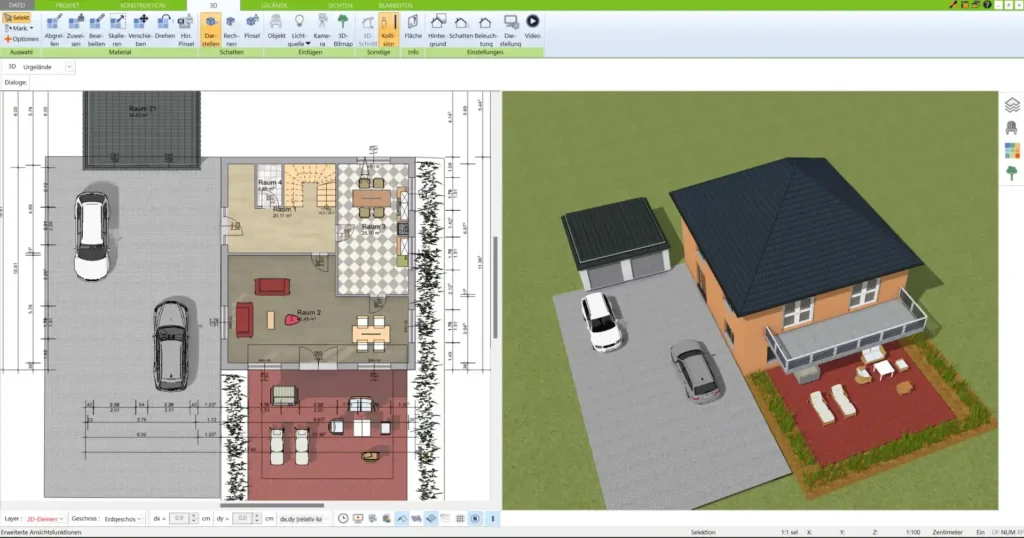 Ein Beispiel für einen modernen Stadtvilla-Grundriss in der 2D-Ansicht, erstellt mit dem 3D Architekt von Immocado