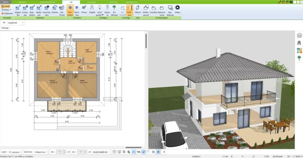 Ein Beispiel für einen modernen Stadtvilla-Grundriss in der 2D-Ansicht, erstellt mit dem 3D Architekt von Immocado