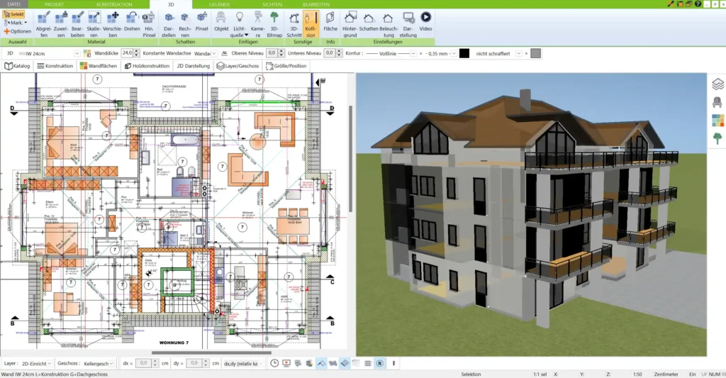 Ein Grundriss, der die genaue Position von Wänden, Heizungen und Lüftungselementen im Keller zeigt, erstellt mit der 3D Architekt Software