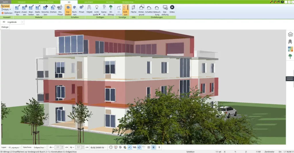 Ein fotorealistisches 3D-Modell eines Energiesparhauses mit Lichteinfall und Detailansichten