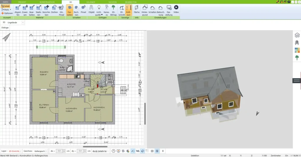 Ein schematischer Grundriss eines schmalen Hauses mit offenen Übergängen zwischen Küche und Wohnbereich für maximale Platznutzung