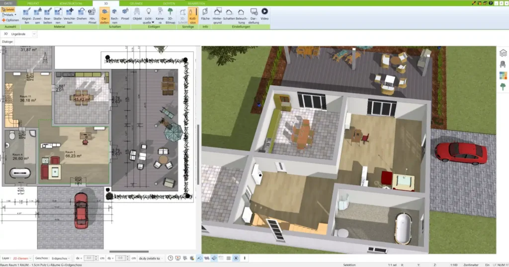 Einblick in die Benutzeroberfläche des 3D Architekten von Immocado – intuitives Zeichnen von Grundrissen in 2D und 3D für Ihr Tiny House