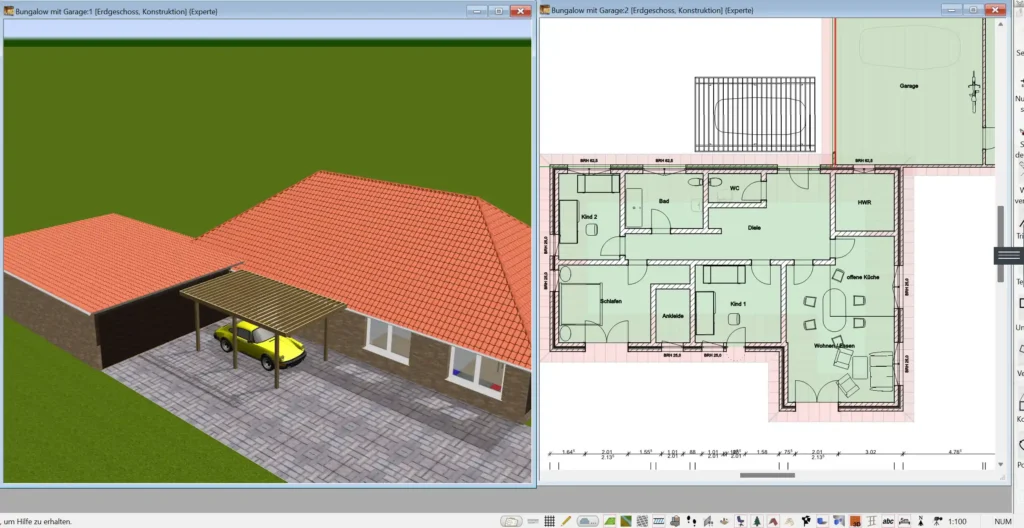 Eine anschauliche Darstellung des Grundrisses in der 3D-Ansicht mit nachhaltigen Materialien und energieeffizienter Raumstruktur