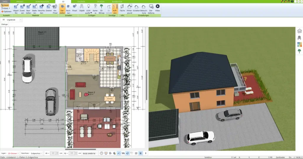 Erstellen Sie detailreiche 2D-Grundrisse und beeindruckende 3D-Visualisierungen mit dem 3D Architekt von Immocado – ideal für Bauherren und Planer