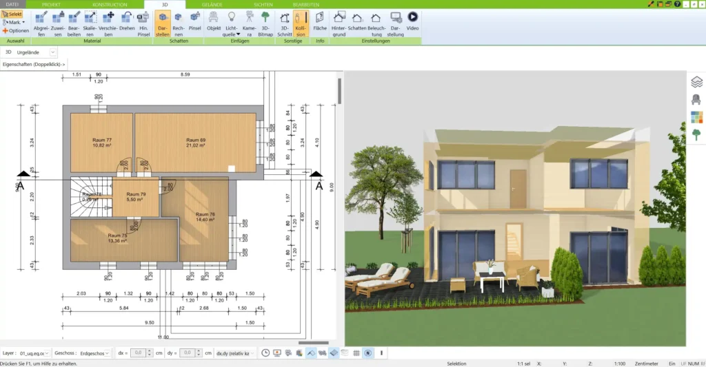 Erstellen Sie detailreiche 2D-Grundrisse und beeindruckende 3D-Visualisierungen mit dem 3D Architekt von Immocado – ideal für Bauherren und Planer