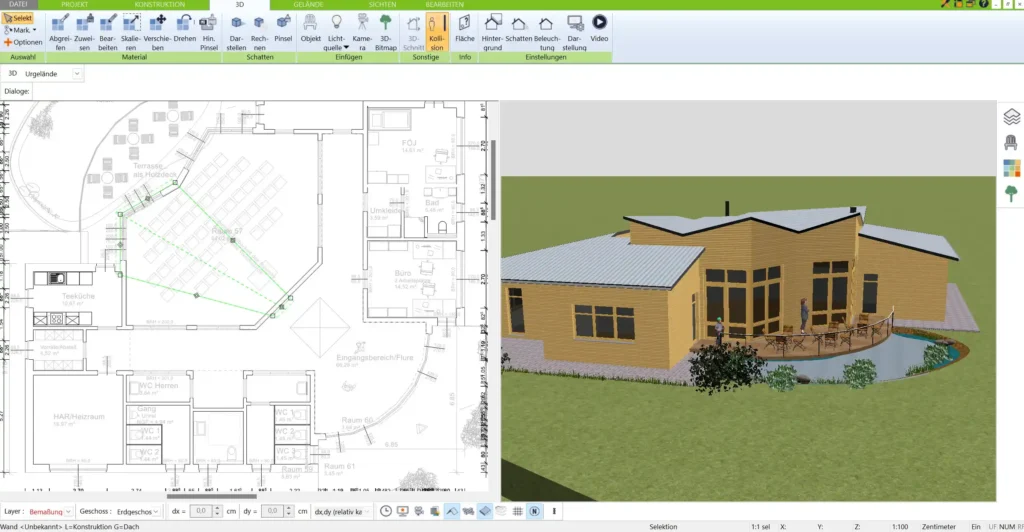 Erster Entwurf des Winkelbungalows in der Planungssoftware – Übersicht der Raumaufteilung im klassischen „L“-Format