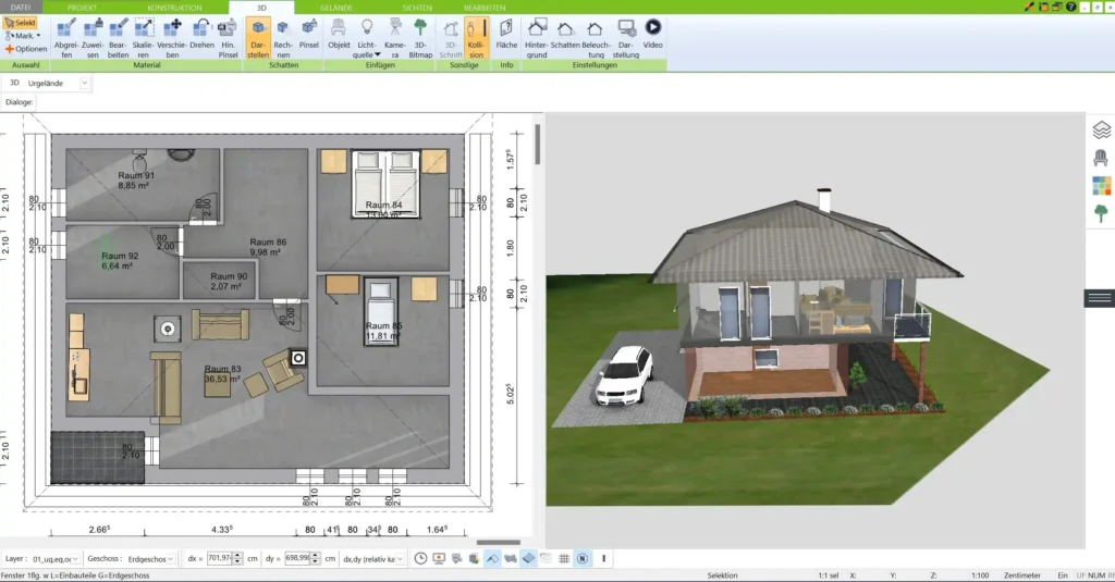 Grundriss-Planung eines Energiesparhauses im 3D Architekt von Immocado Die Software bietet hilfreiche Tools für eine energieeffiziente Gestaltung