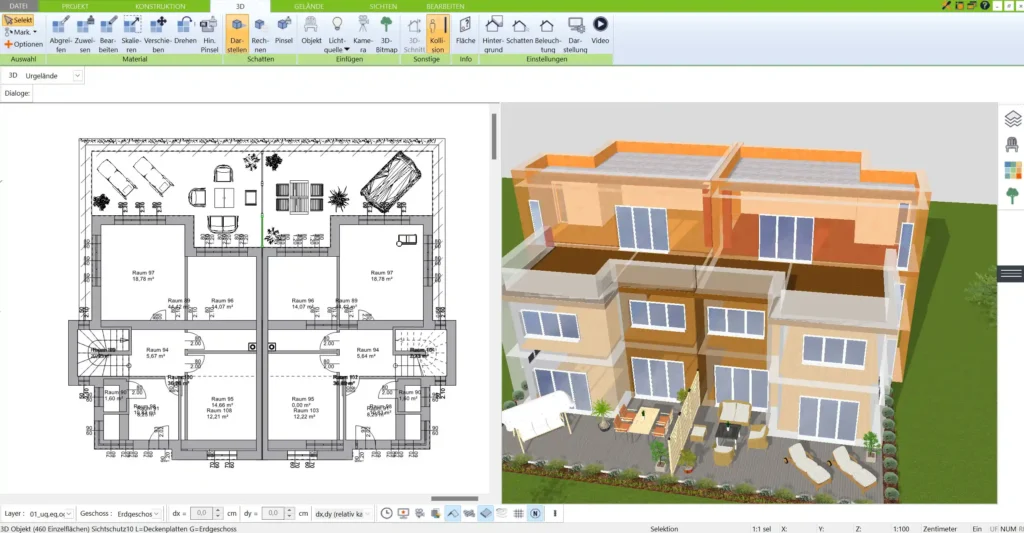 Grundriss-Visualisierung eines Reihenhauses im 3D Architekt – realistische Darstellung in 3D