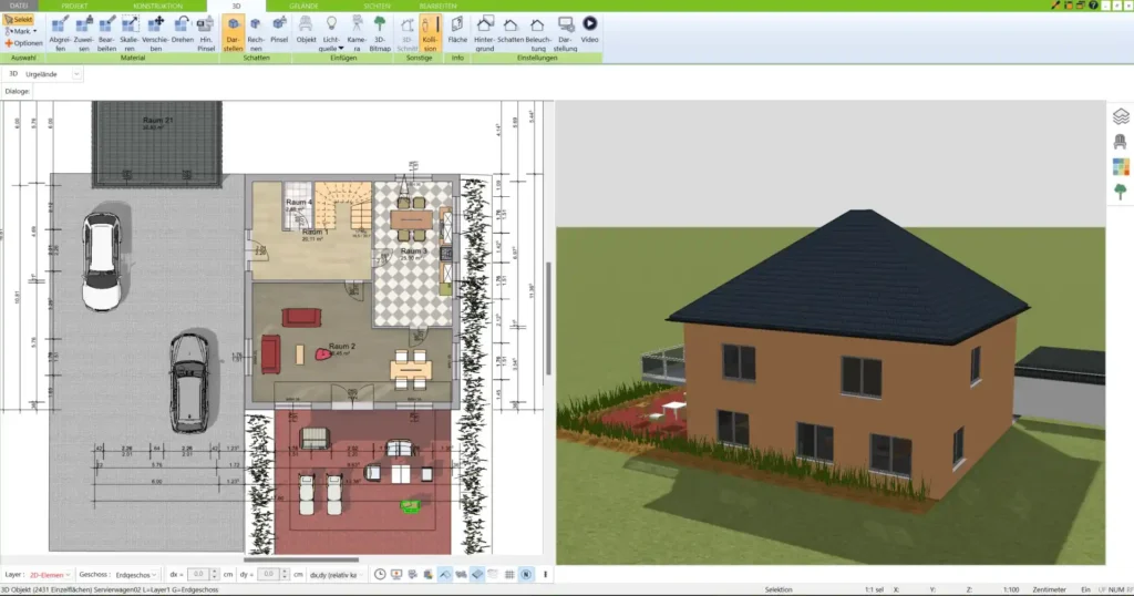 Grundriss eines Kubushauses im 3D Architekt von Immocado – Übersichtlicher und detaillierter Grundriss, der die quadratische Struktur und Raumaufteilung eines Kubushauses zeigt