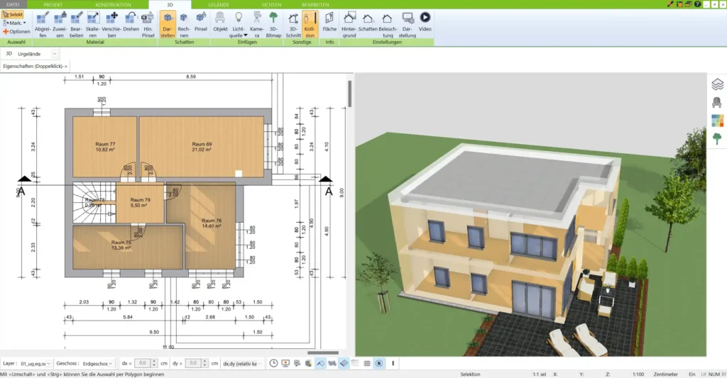 Grundriss eines Kubushauses im 3D Architekt von Immocado – Übersichtlicher und detaillierter Grundriss, der die quadratische Struktur und Raumaufteilung eines Kubushauses zeigt