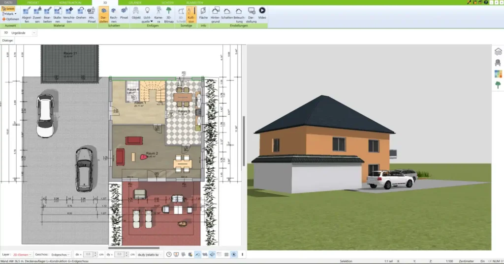 Grundriss eines Sonnenhauses, erstellt mit dem 3D Architekt von Immocado – Optimale Ausrichtung und Raumaufteilung für maximale Sonnenenergie