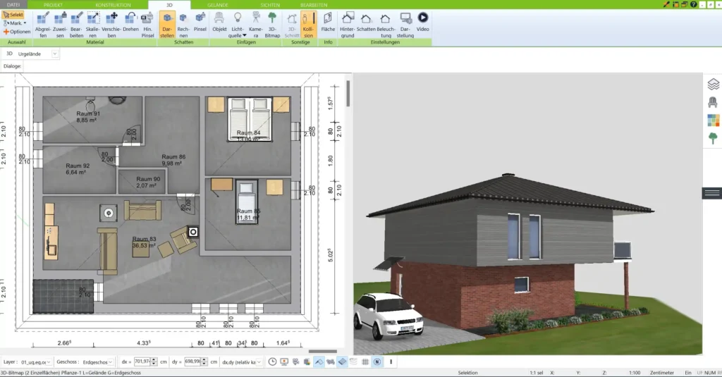 Grundriss eines Sonnenhauses, erstellt mit dem 3D Architekt von Immocado – Optimale Ausrichtung und Raumaufteilung für maximale Sonnenenergie