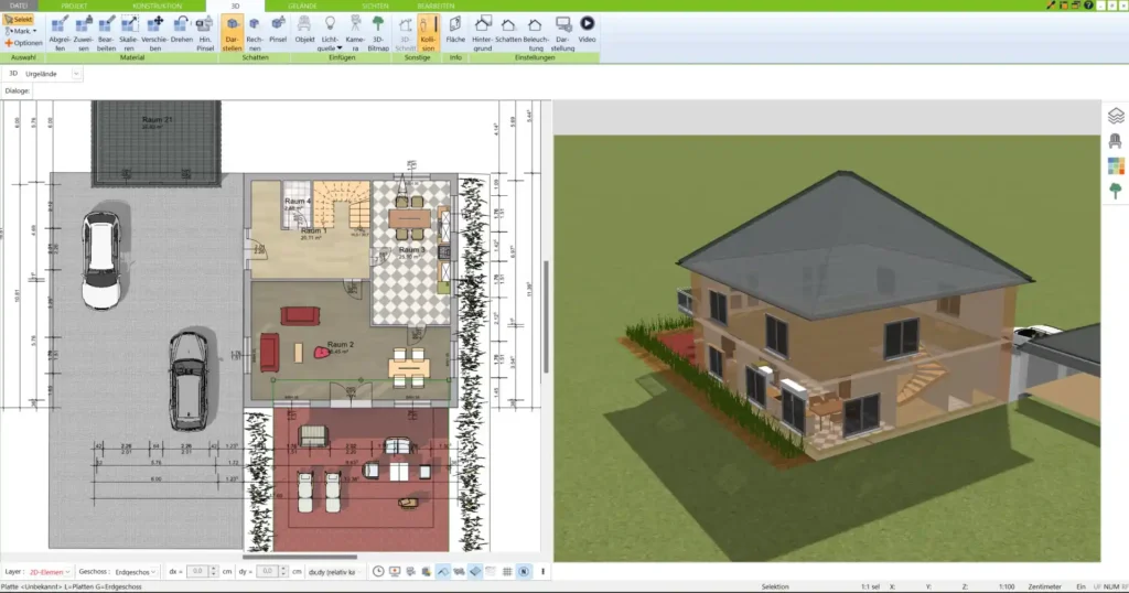 Grundriss eines Zweifamilienhauses in der 2D-Ansicht erstellt mit dem 3D Architekt von Immocado