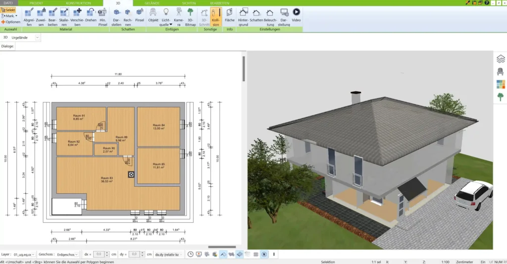 Grundriss eines Zweifamilienhauses in der 2D-Ansicht erstellt mit dem 3D Architekt von Immocado