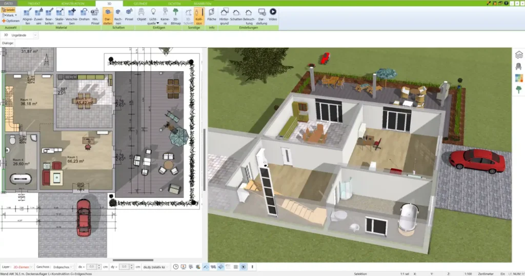 Grundriss eines gemeinsamen Wohnbereichs in 2D mit dem 3D Architekt von Immocado erstellt