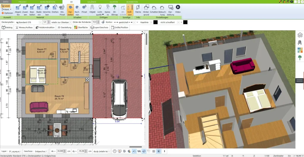 Grundriss eines gemeinsamen Wohnbereichs in 2D mit dem 3D Architekt von Immocado erstellt