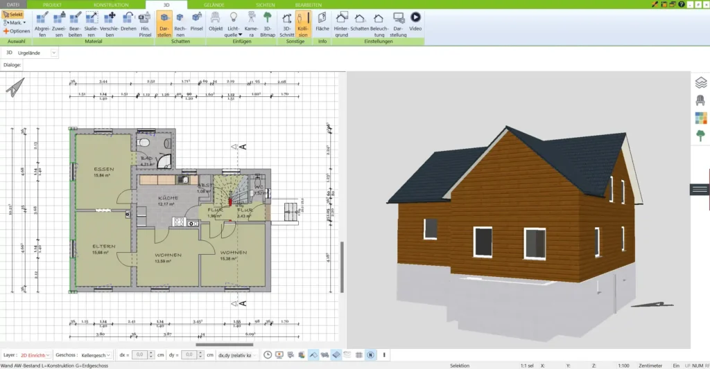 Grundriss eines kompakten Lehmhauses – Außenmaße und erste Raumaufteilung im 3D Architekt von Immocado