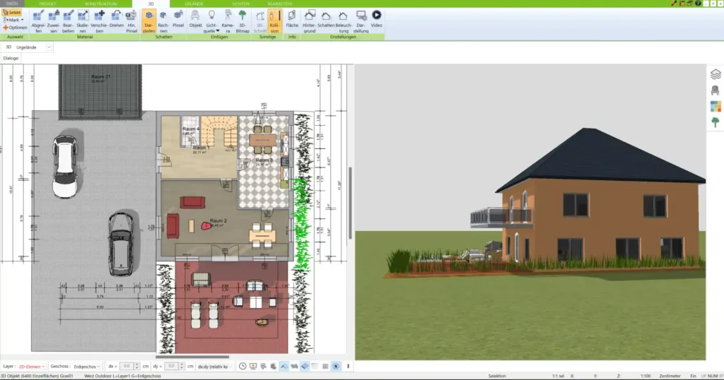 Grundriss und Visualisierung eines Einfamilienhauses mit dem 3D Architekt Einfach und intuitiv umsetzbar.