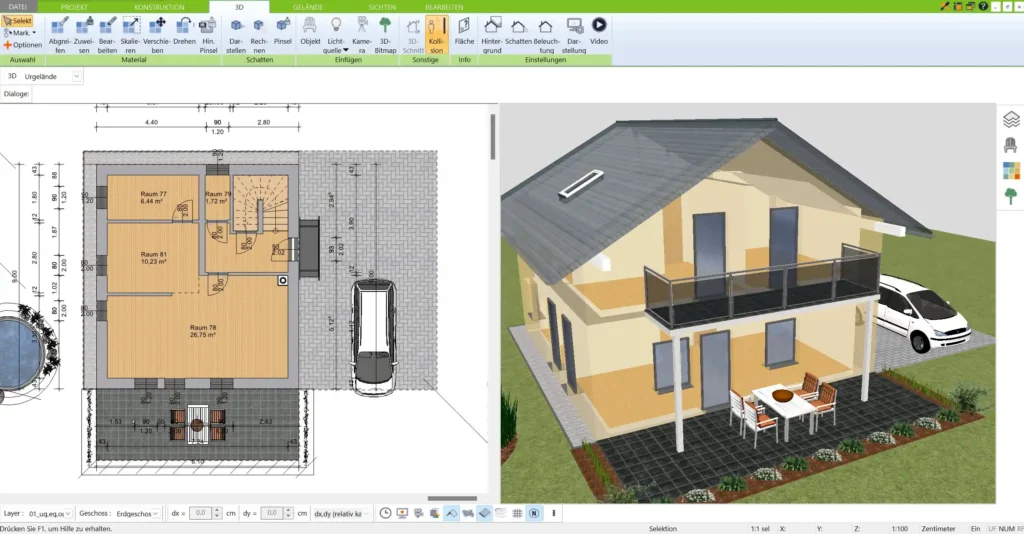 Grundriss und Visualisierung eines Einfamilienhauses mit dem 3D Architekt Einfach und intuitiv umsetzbar.