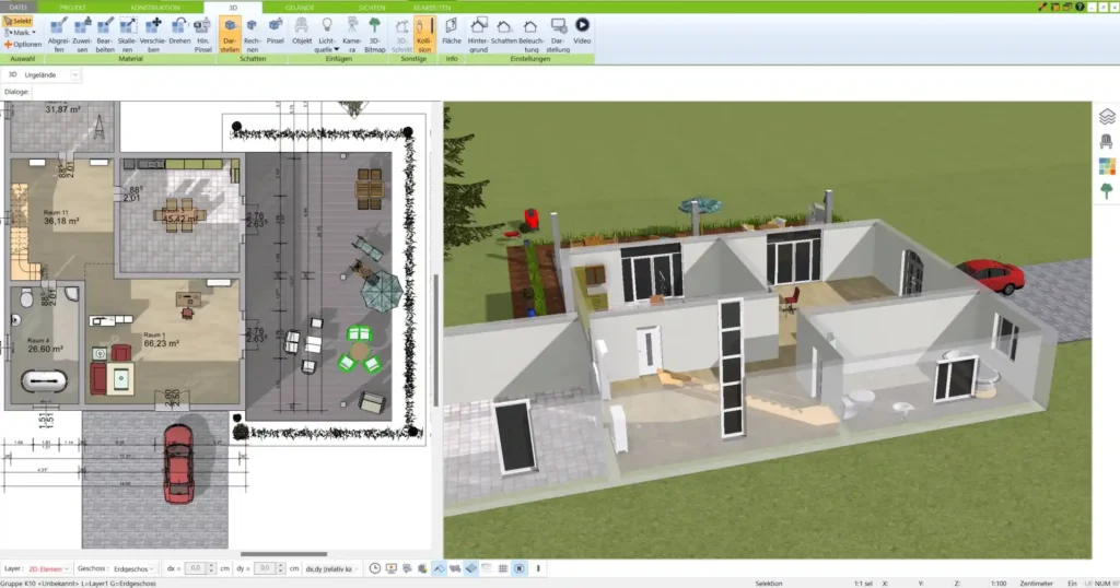 Grundrissansicht im 3D Architekt mit Wechselmöglichkeit zwischen 2D und 3D