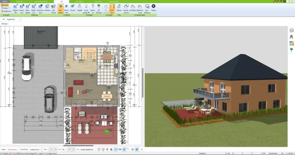 Grundrissplanung in 2D – Erster Layout-Entwurf eines schlüsselfertigen Hauses im 3D Architekt von Immocado