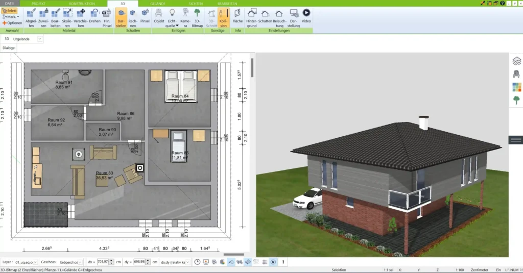 Grundrissplanung in 2D – Erster Layout-Entwurf eines schlüsselfertigen Hauses im 3D Architekt von Immocado