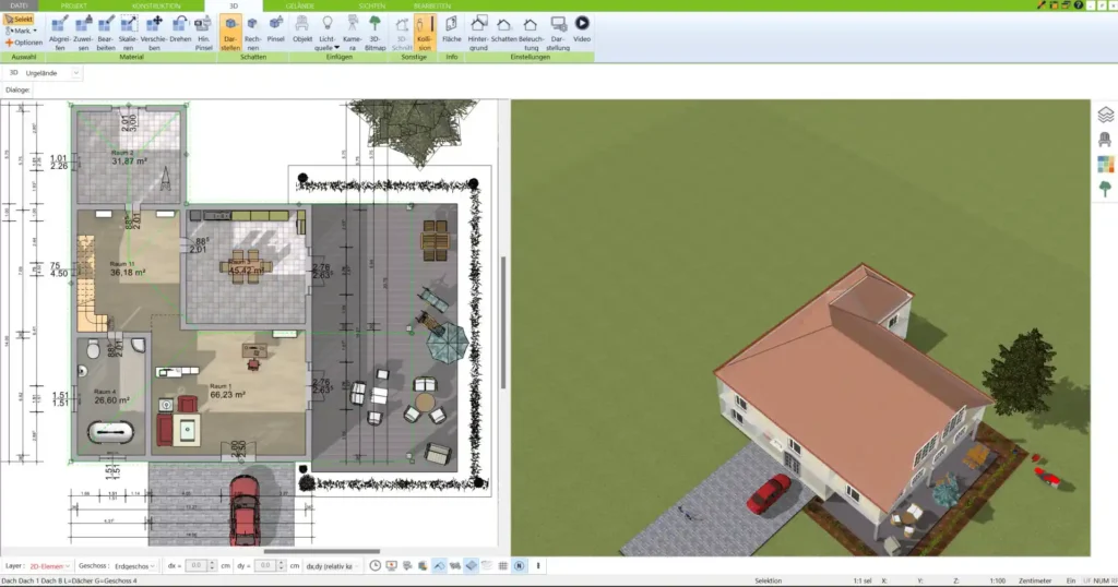 Grundrissplanung mit dem 3D Architekt Detaillierte Visualisierung von Wänden, Fenstern und Türen im geplanten Gebäude