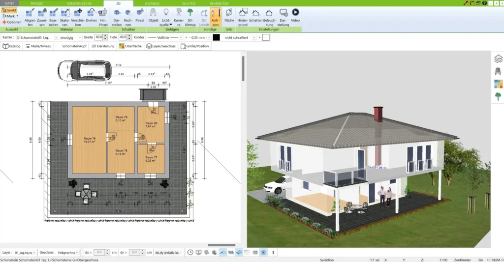 Grundrissplanung mit dem 3D Architekt Detaillierte Visualisierung von Wänden, Fenstern und Türen im geplanten Gebäude