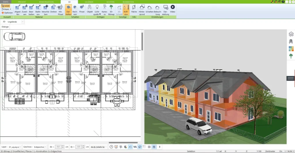 Mit dem 3D Architekt von Immocado gestalten Sie Ihren Chalet-Grundriss präzise und intuitiv – sowohl in 2D als auch in realistischer 3D-Ansicht