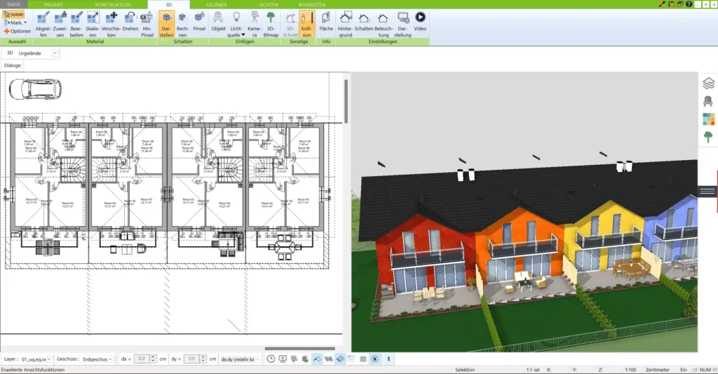 Mit dem 3D Architekt von Immocado gestalten Sie Ihren Doppelhaus-Grundriss schnell und einfach in 2D und 3D