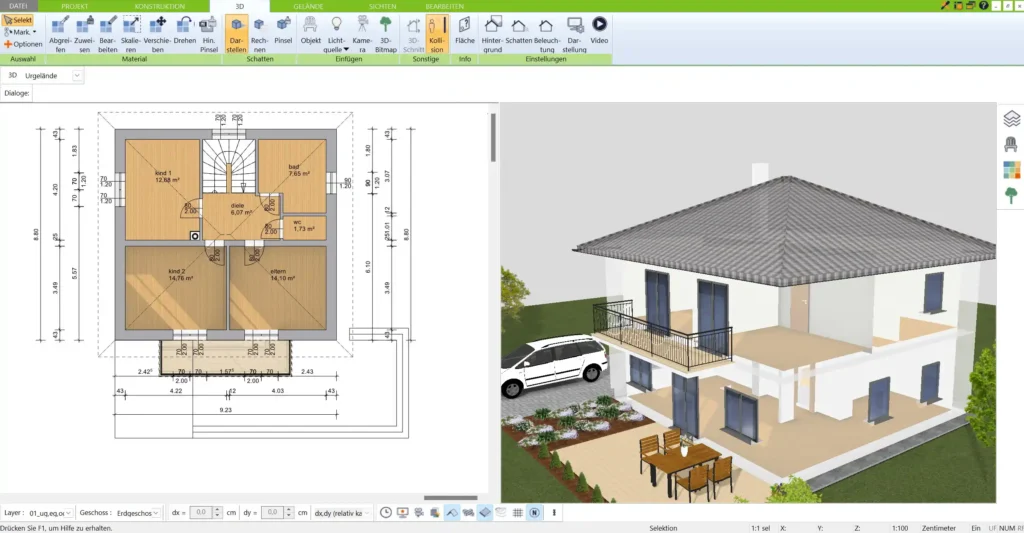 Mit dem 3D Architekt von Immocado können Bauherren ihre Hauspläne in realistischen 3D-Ansichten darstellen und durch das virtuelle Modell navigieren