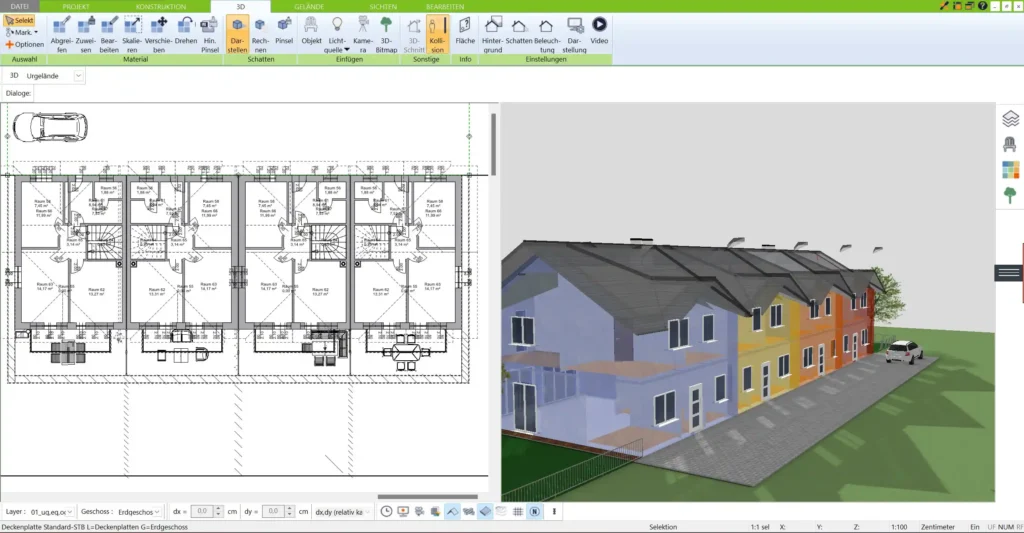 Mit dem 3D Architekt von Immocado können Sie Grundrisse einfach in 2D entwerfen und in 3D visualisieren – ideal für die detaillierte Planung Ihres schlüsselfertigen Hauses