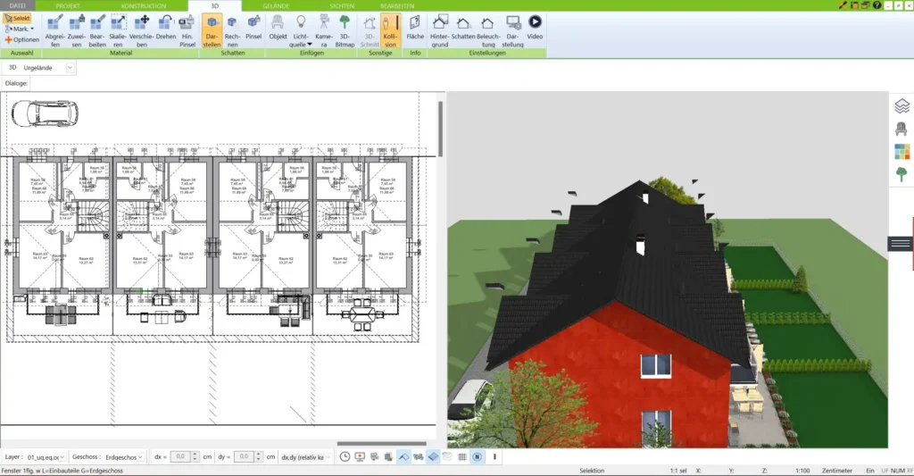 Mit dem 3D Architekt von Immocado können Sie Grundrisse einfach und schnell in 2D und 3D erstellen – ideal für eine präzise Planung Ihres schmalen Hauses