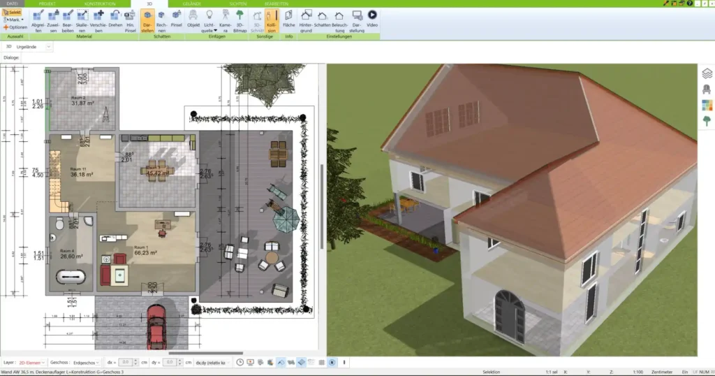 Mit dem 3D Architekt von Immocado können Sie komplexe Baupläne in 2D und 3D visualisieren, wie in diesem Beispiel eines geplanten Einfamilienhauses