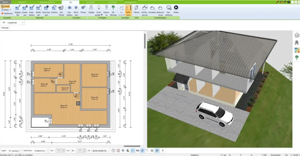 Mit dem 3D Architekt von Immocado können Sie komplexe Baupläne in 2D und 3D visualisieren, wie in diesem Beispiel eines geplanten Einfamilienhauses