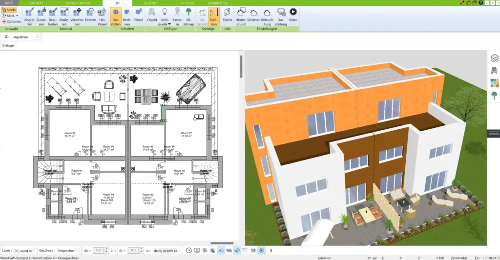 Mit dem 3D Architekt von Immocado lassen sich Grundstücksgrenzen und Außenwände präzise definieren