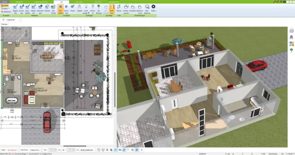 Mit der 3D-Ansicht lassen sich Haus und Garage realistisch visualisieren – perfekt, um ein Gefühl für Proportionen und das Zusammenspiel der Räume zu erhalten