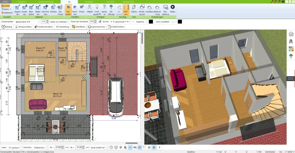 Mit der 3D-Ansicht lassen sich Haus und Garage realistisch visualisieren – perfekt, um ein Gefühl für Proportionen und das Zusammenspiel der Räume zu erhalten