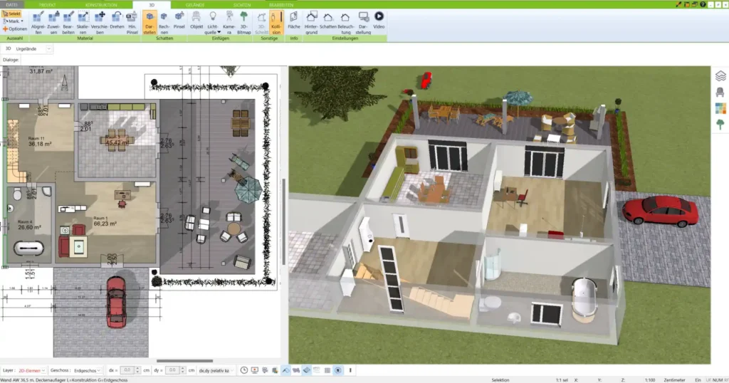 Nutzen Sie die benutzerfreundliche Oberfläche, um präzise Grundrisse in 2D und 3D zu gestalten
