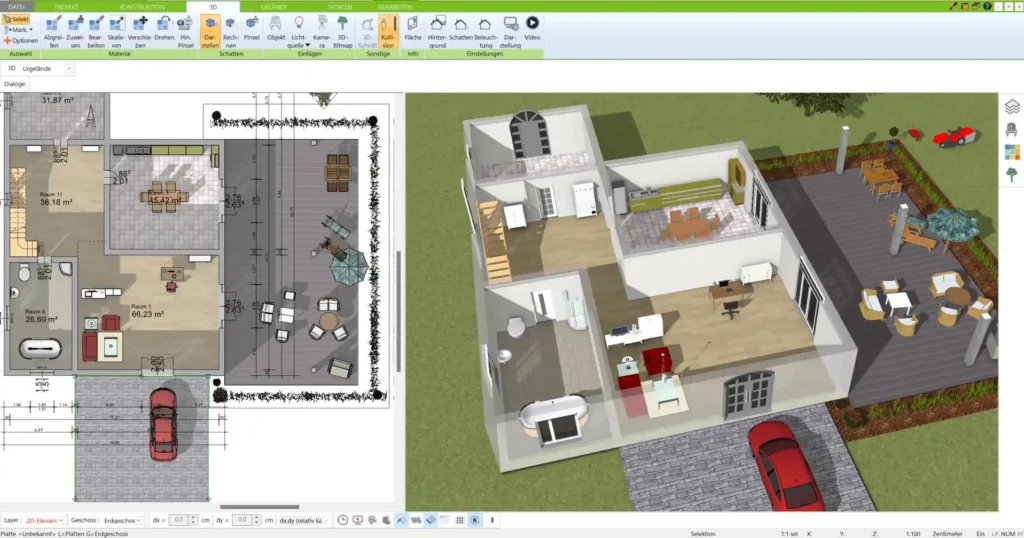 Professionelle 2D- und 3D-Ansichten – Wechseln Sie problemlos zwischen 2D-Grundriss und realistischer 3D-Visualisierung