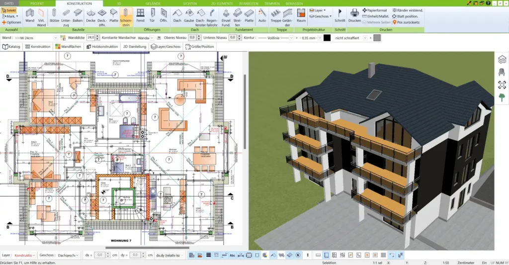 Professionelle Bauzeichnung mit dem 3D Architekten von Immocado Planen Sie detaillierte Grundrisse und Baupläne in 2D und 3D