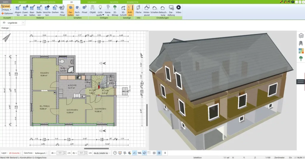 Realistische 3D-Ansicht des Hauses mit integrierten Elementen für autarkes Wohnen