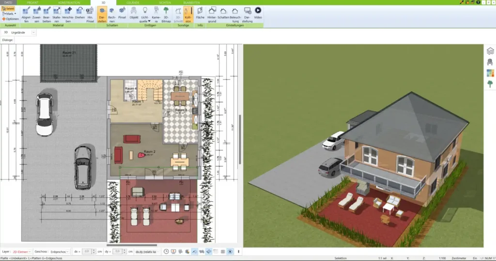 Realistische 3D-Ansicht des Tiny-House-Innenraums zur besseren Visualisierung von Raumaufteilung und Einrichtungsideen