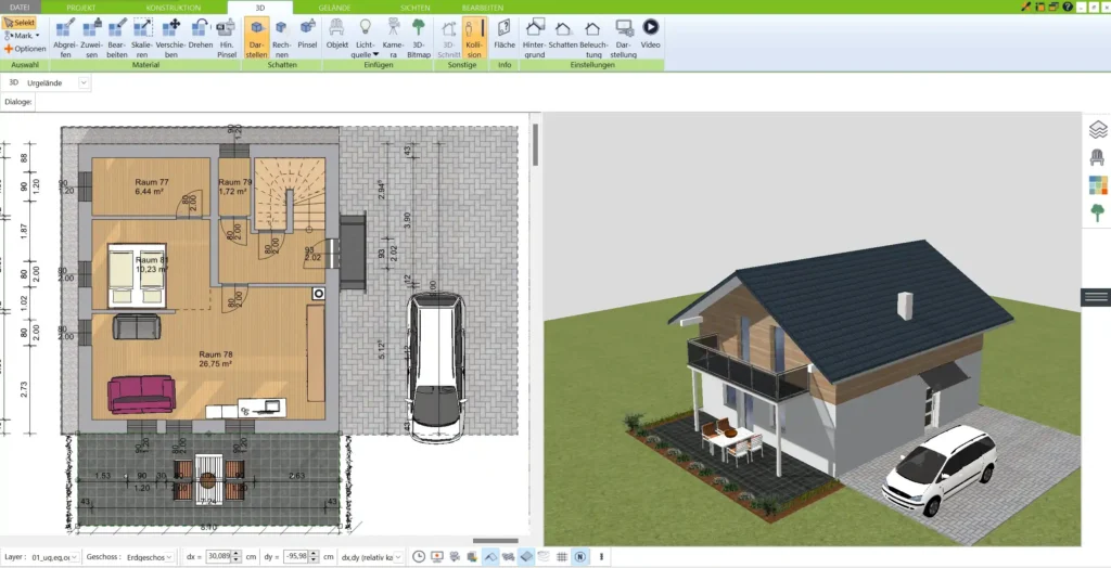 Realistische 3D-Ansicht des Tiny-House-Innenraums zur besseren Visualisierung von Raumaufteilung und Einrichtungsideen