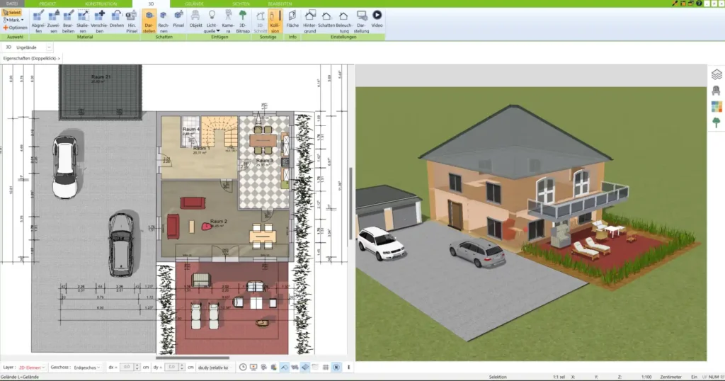 Screenshot des 3D Architekts mit geöffnetem Grundriss eines Energiesparhauses