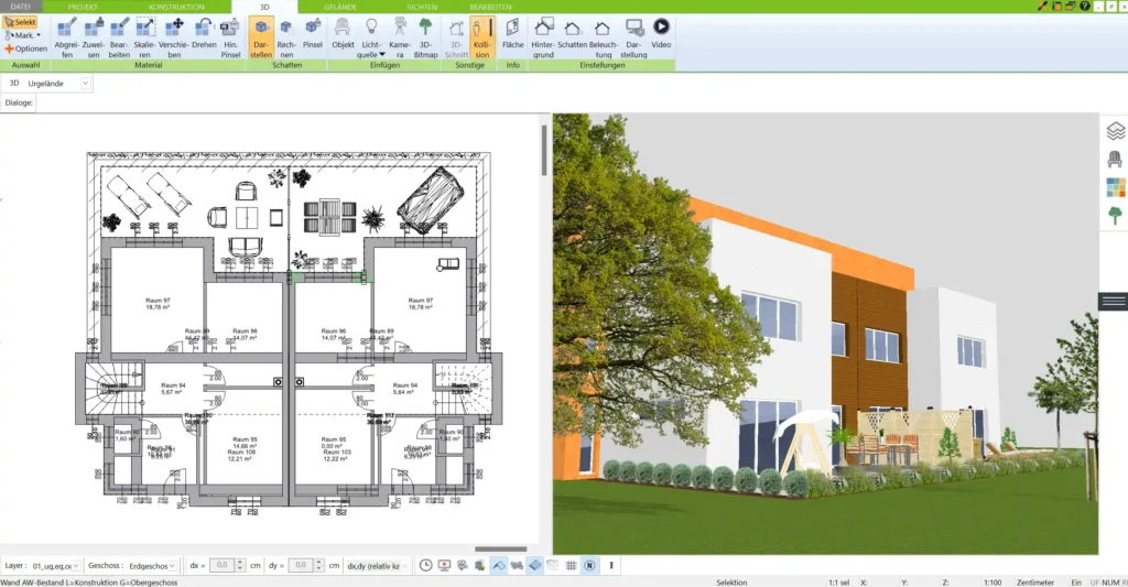 Screenshot des 3D Architekts mit geöffnetem Grundriss eines Energiesparhauses