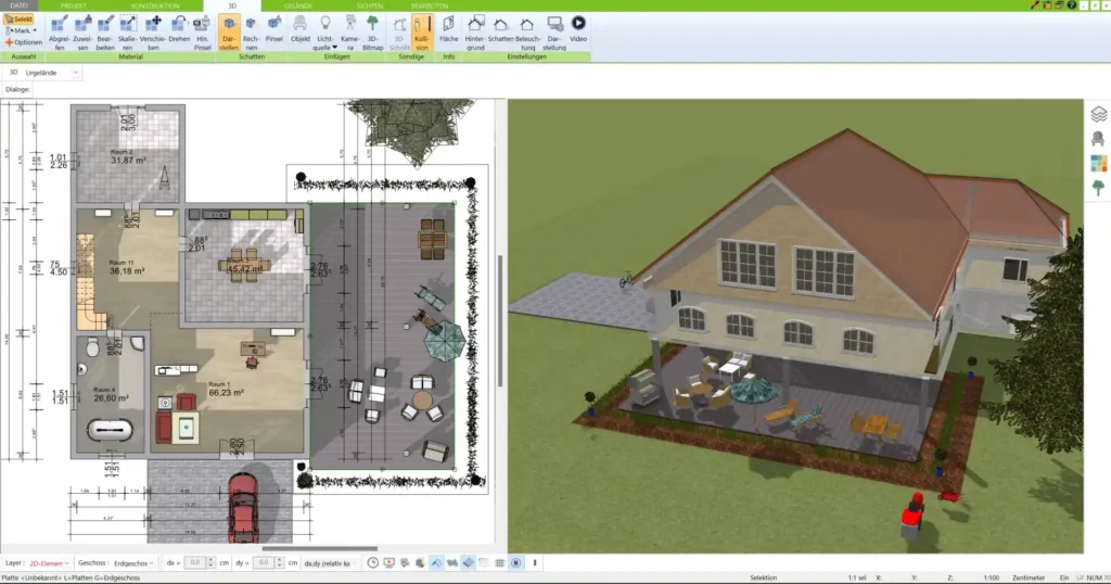 So sieht der erste Schritt der Grundriss-Erstellung für ein Strohhaus im 3D Architekt von Immocado aus. Räume und Wände lassen sich intuitiv anordnen